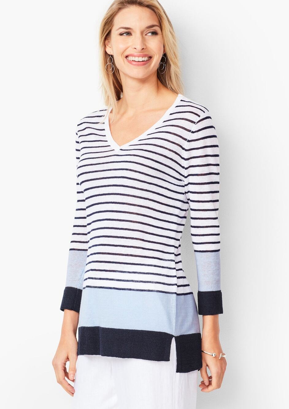 Talbots Womens S Blue White Striped Blocked Linen Knit 3 4 Sleeve Sweater NWT
